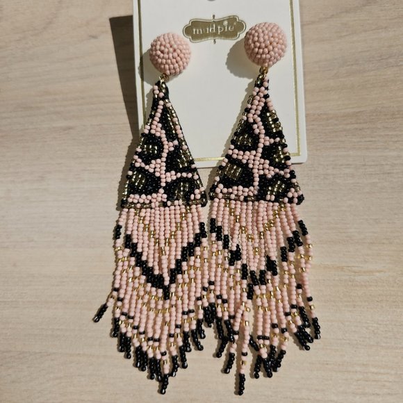 MUD PIE NWT beaded statement animal print earrings black brown pink - Picture 2 of 5